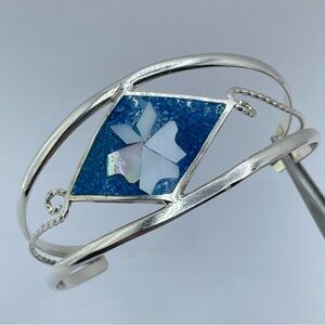 Vintage Mexico Blue Enamel Mother of Pearl Silver Cuff Bracelet Taxco Style